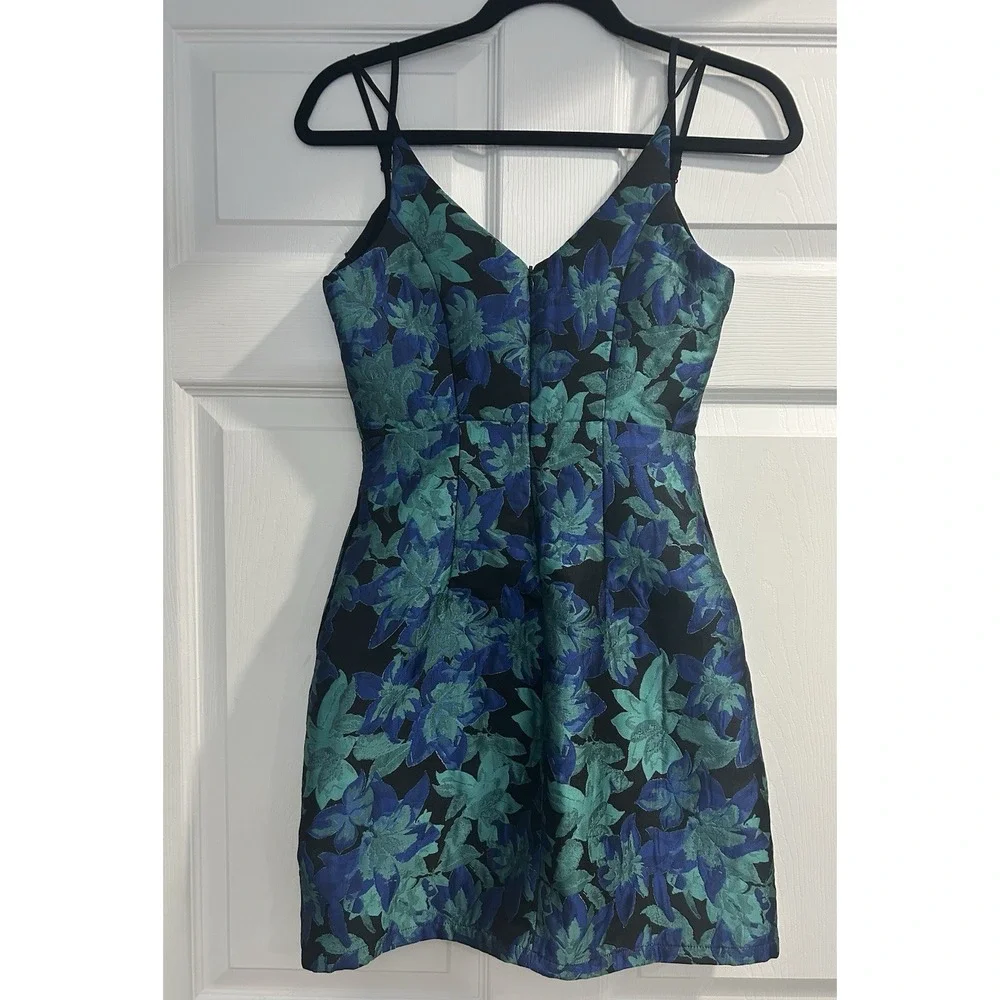 Lulus Ready For Festivities Blue Multi Floral Jaquard Mini Dress Size XS